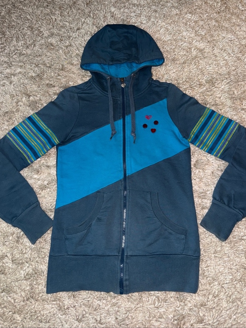 Rewind Y2K Colorblock Striped Zip Up Hoodie Jacket Heart Detail Cyber Punk XS